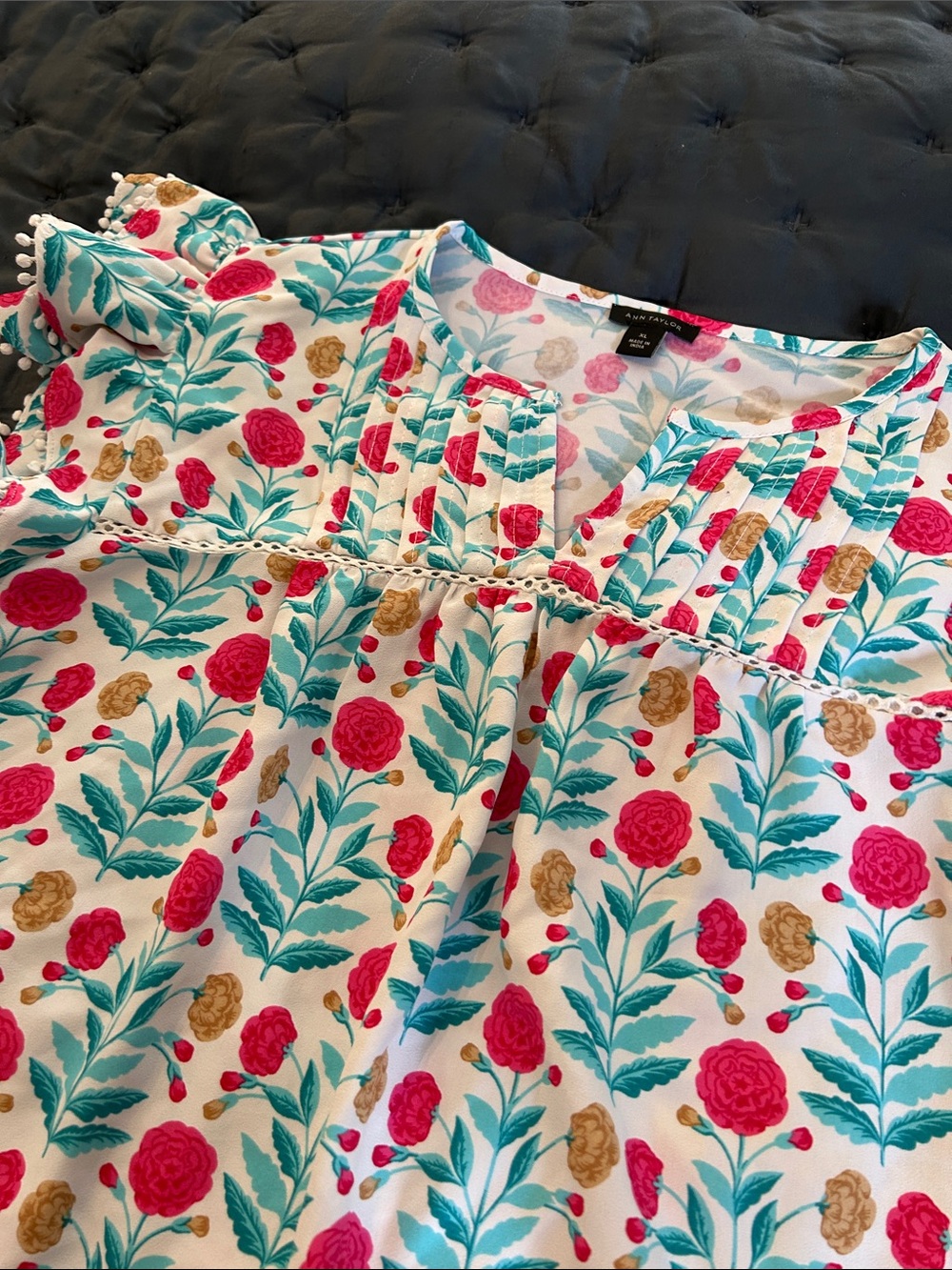 Ann Taylor Floral Pintuck V-Neck Blouse - Pink, Teal & Gold Accents - Picture 3 of 4
